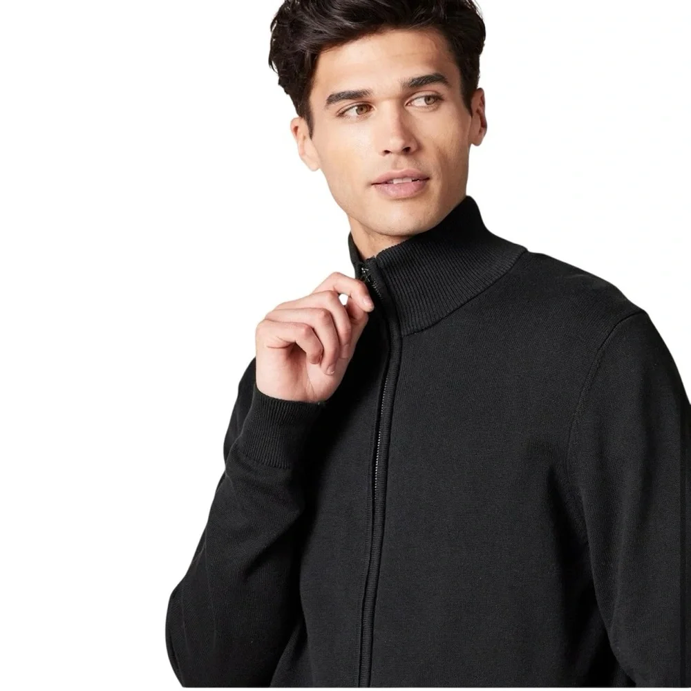 Amazon Essentials Men’s Full Zip Knit Sweater Mock Neck Small Cotton Black Work